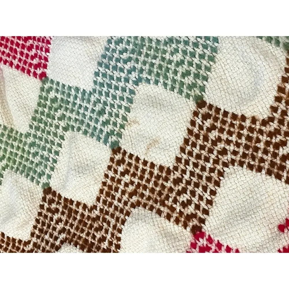 Vintage Handwoven Blanket Geometric Folk Art Pattern Fringed Border
